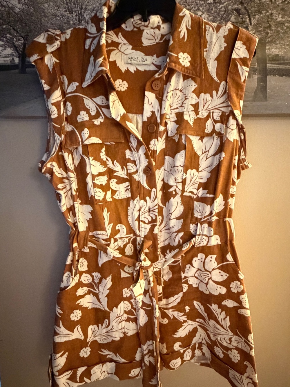 Rachel Zoe Brown and White Floral Tie-Waist Jumpsuit Romper